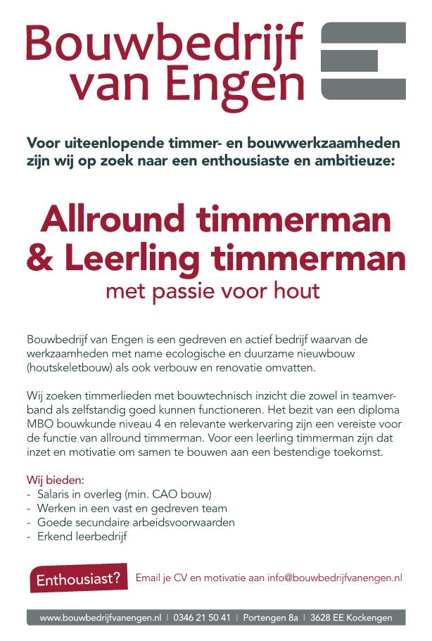 Vacature: Allround timmerman & Leerling timmerman met passie voor hout!