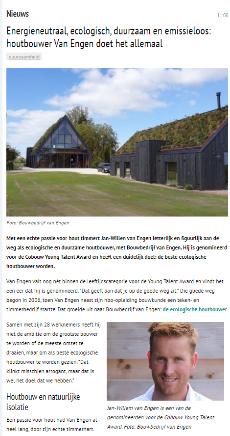 Artikel CoBouw: Energieneutraal, ecologisch, duurzaam en emissieloos: houtbouwer Van Engen doet het allemaal