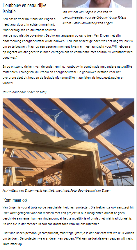 Artikel CoBouw: Energieneutraal, ecologisch, duurzaam en emissieloos: houtbouwer Van Engen doet het allemaal