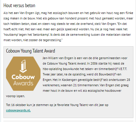 Artikel CoBouw: Energieneutraal, ecologisch, duurzaam en emissieloos: houtbouwer Van Engen doet het allemaal