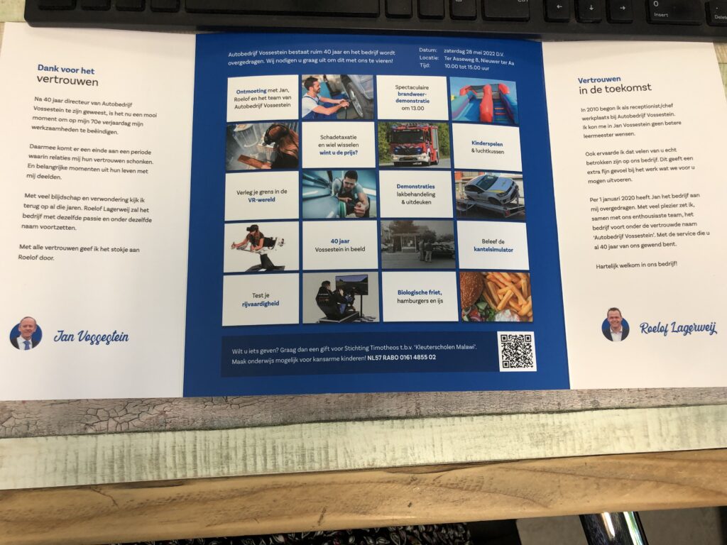 Nieuws: Vossestein bedrijfsoverdracht & jubileum; boomstambank overhandigd namens BvE
