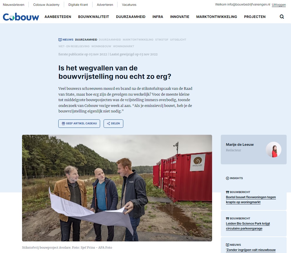 Nieuws - Artikel Cobouw 'Is het wegvallen van de bouwvrijstelling nou echt zo erg?'